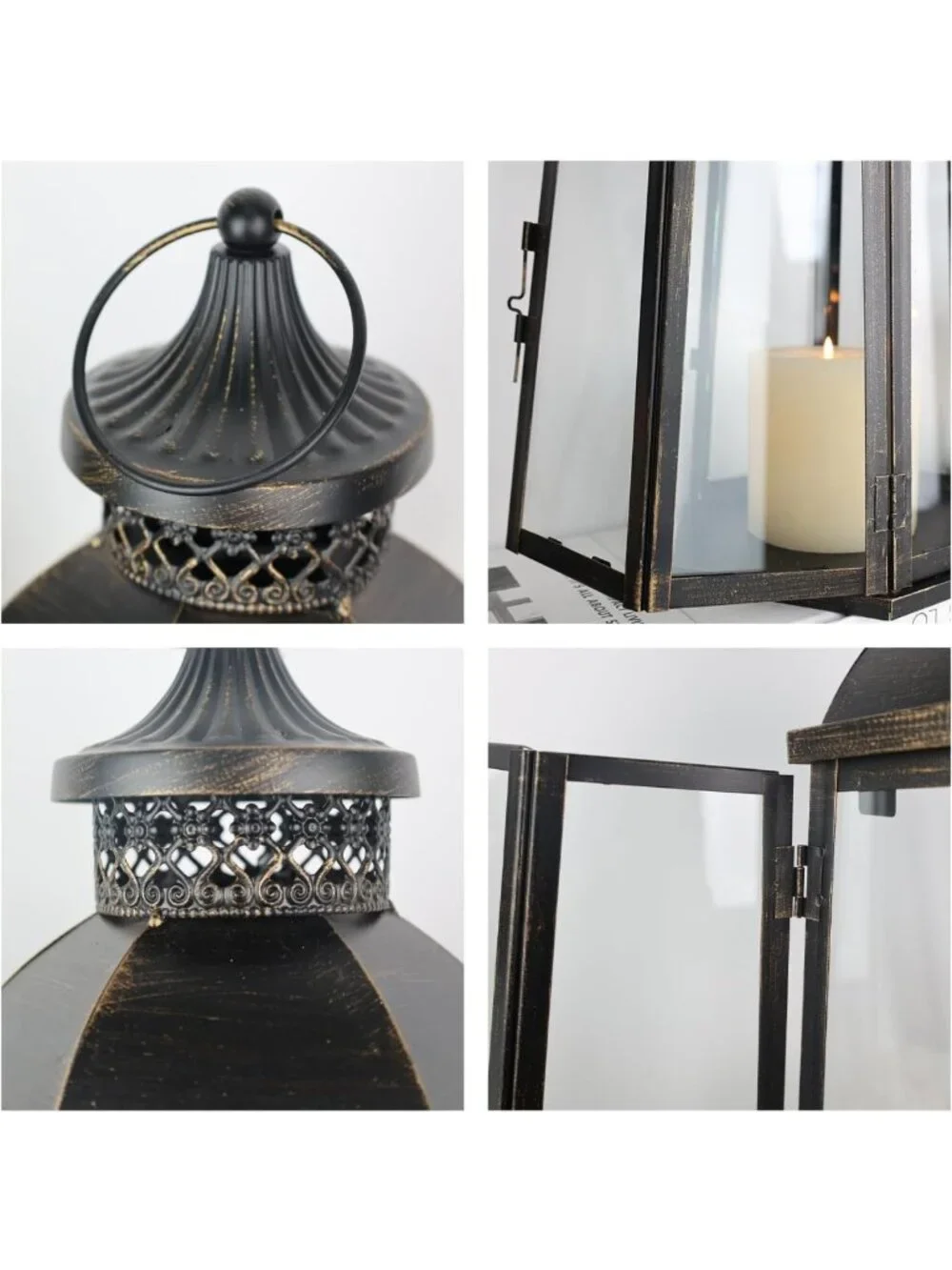 Set of 3 Vintage Lanterns - Metal Frame Candle Holders for Indoor & Outdoor